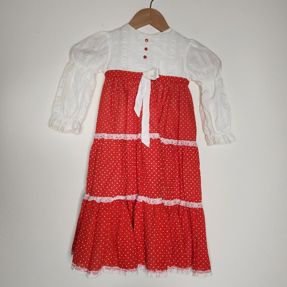 VTG Bryan Girls Size 3T Red White Polka Dot Peasant Dress Button Back Lace Ruffl